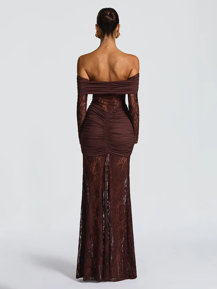 Absobe Robe longue en dentelle transparente pour femme, épaules dénudées, sexy, froncée, manches longues, dos nu, ligne a, Slim, tenue de fête