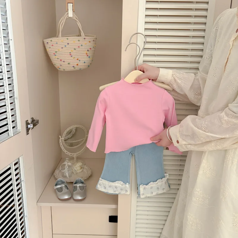 Korean Girl's Half High Neck Base Shirt Autumn Baby Mushroom Edge Long Sleeved T-shirt Autumn Outfit Soft Inner Layer