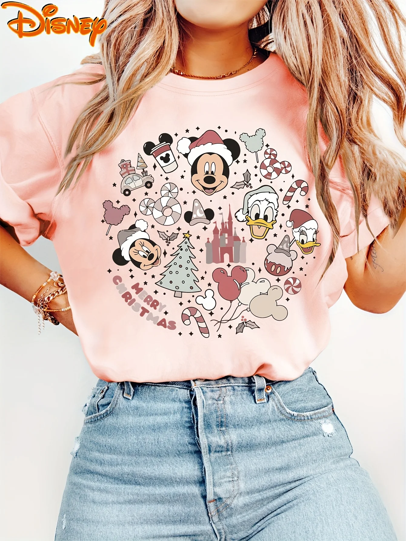 

Рождественская футболка с Микки Маусом Диснея, хлопковая мужская и женская повседневная модная свободная футболка большого размера с короткими рукавами, унисекс, наряд для мероприятий