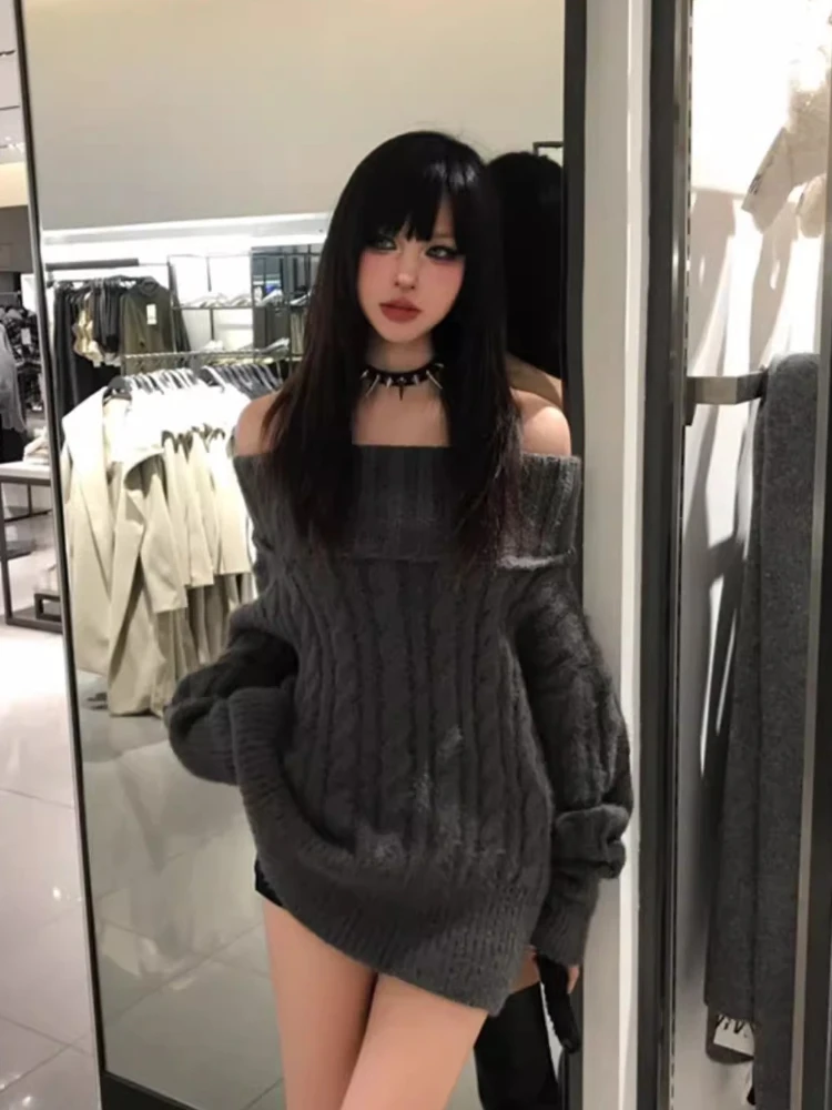 Französisch Design Grau Off Schulter Gestrickte Pullover Frauen Übergroßen Chic Feste Oberbekleidung Y2k Tops Mode Koreanische Beliebte Kleidung Neue