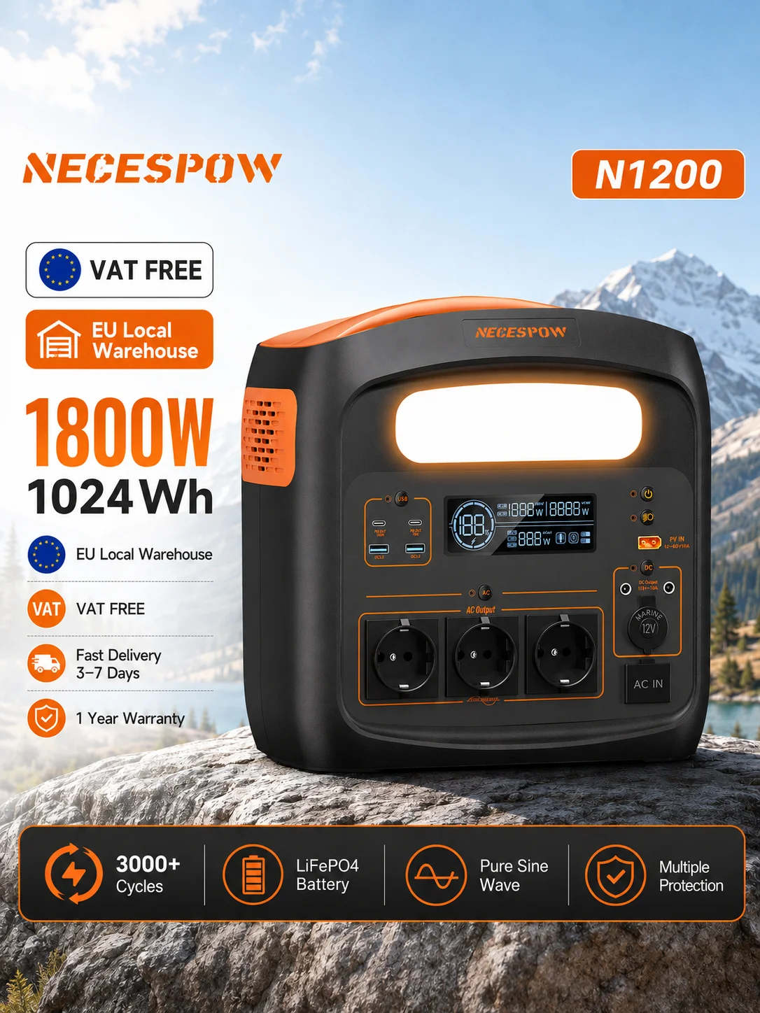 Tragbare Powerstation NECESPOW N1200 1800W 1024Wh Solargenerator mit USV 1000W AC Schnellladung 400W Solareingang PD100W 3 AC-Steckdosen für Notfälle zu Hause, Camping, Wohnmobil