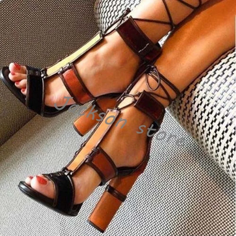 

Mixed Colors Edge Hollow Chunky Heel Roman Sandals Women's Fashion Cross Strap Super High Heel Lady Shoes Casual Dress Shoe