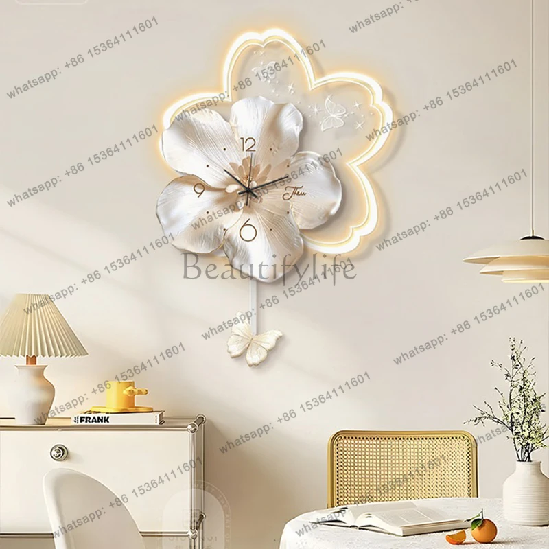 Modern Floral Swing Wall Clock with LED Light Silent Quartz Battery Operated Decorative for Living Room Home Decor