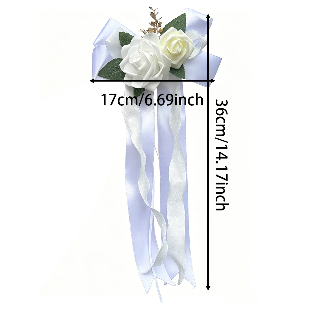 Hochzeitsauto-Dekoration Weiße Rosen-Schleife, Künstliche Blumen Autotür-Griffband Ornament für Brautfahrzeug Party-Dekor – Detail 4