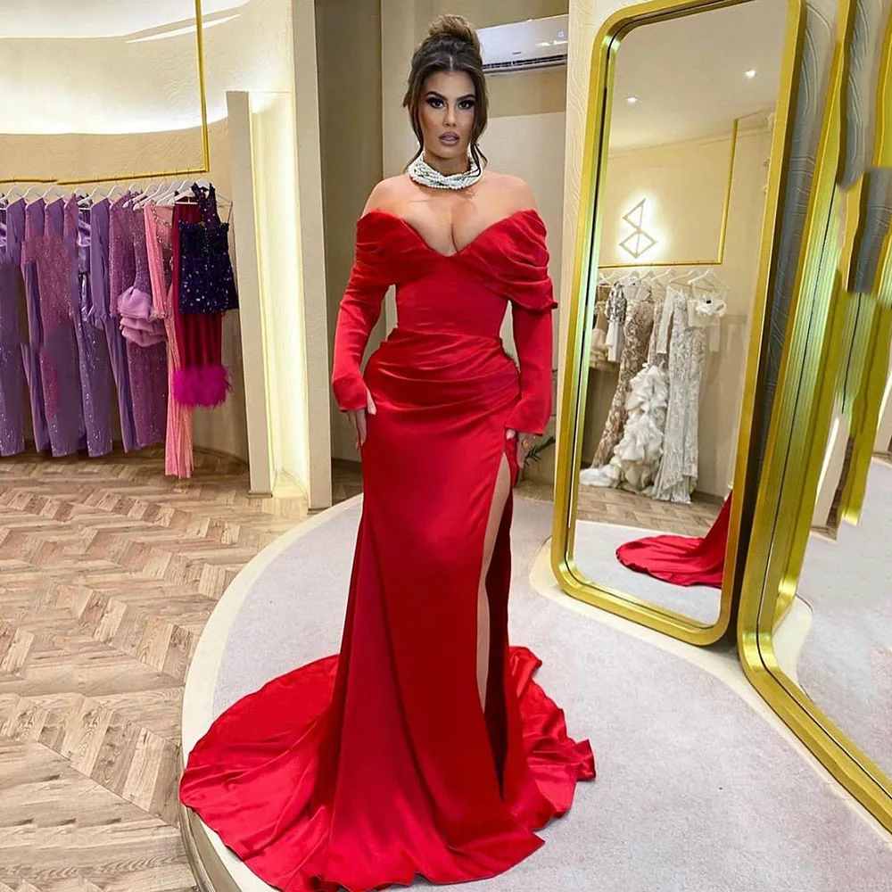 

Msikoods Elegant Red Mermaid Evening Dresses Off Shoulder Bodycon Long Sleeves Pleated Prom Dress Saudi Arabia V Neck Party Gown