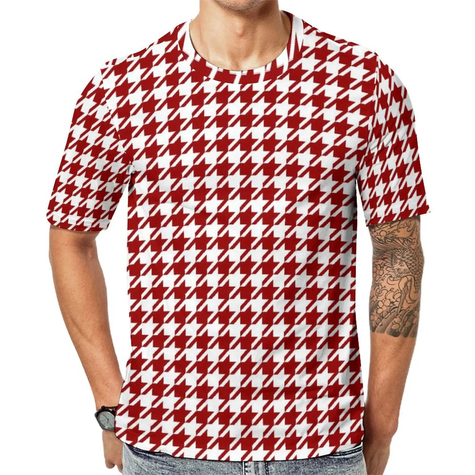 Male Houndstooth T-Shirt Red And White Fashion T-Shirts Short-Sleeve Design Tshirt Wholesale Premium Casual Plus Size Clothes