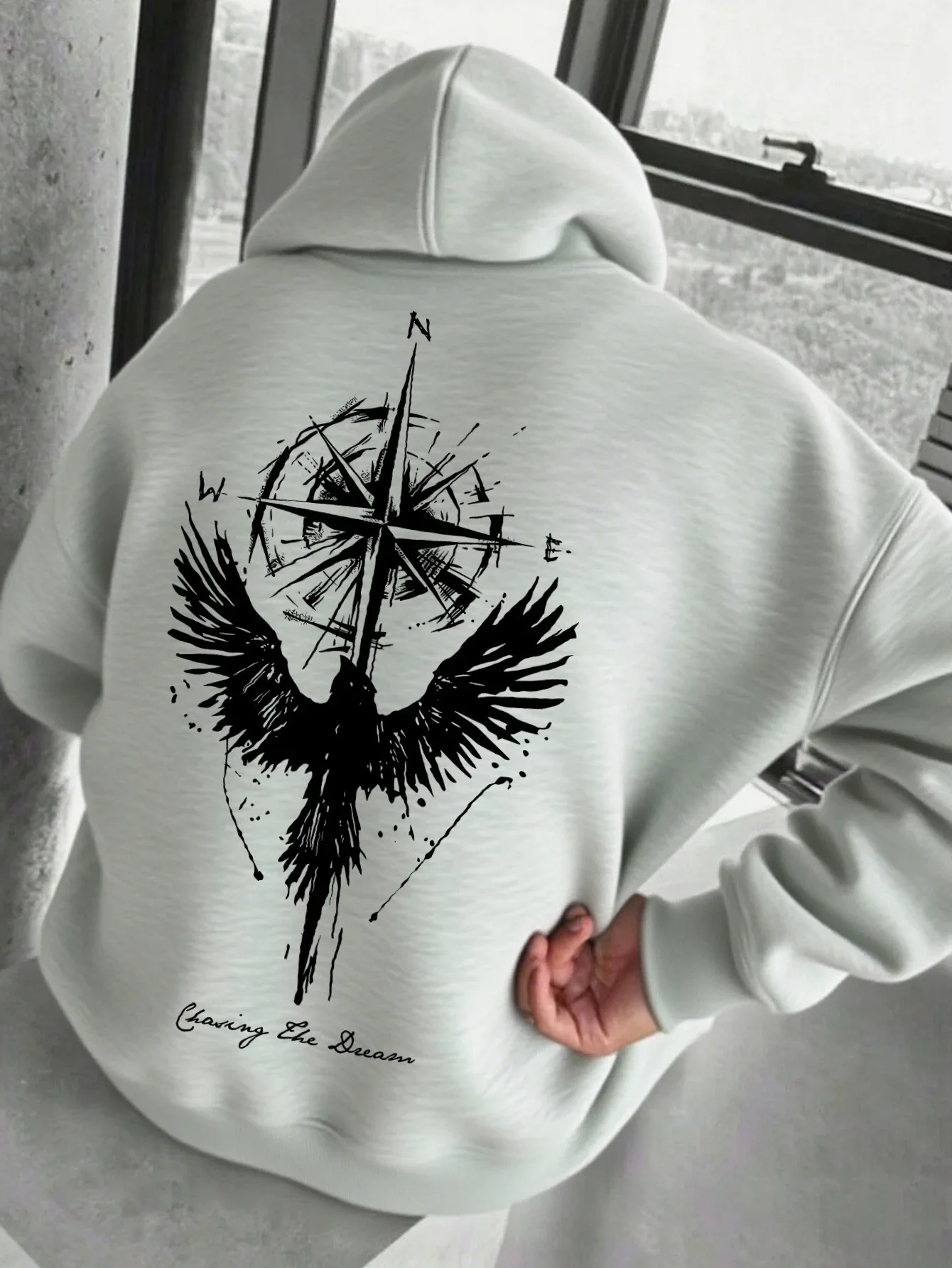 2026 Men's Vintage Gothic Raven Hoodie Compass Bird Back Graphic Print Oversized Streetwear Pullover Sweatshirt Autumn Winter