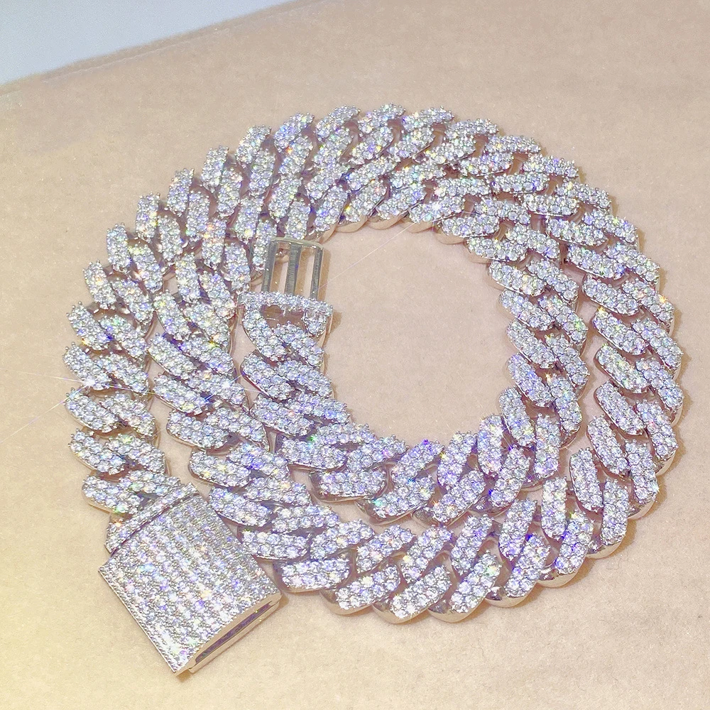 Thick 12.6MM s925 Sterling silver full 2 row bling VVS moissanite open buckle iced out gold diamond Miami cuban chains