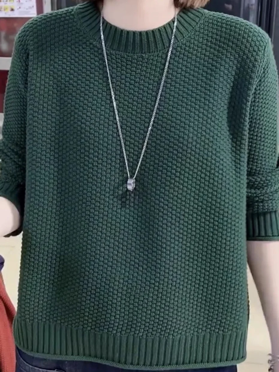 

Свободный вязаный однотонный свитер, модный круглый пуловер в Корейском стиле, большие размеры, женский модный базовый топ