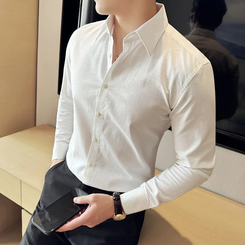 High-quality Men's Solid Color Shirt, 55% Cotton and 45% Linen, Breathable and Sweat-wicking Long-sleeve Shirt.M-4XL