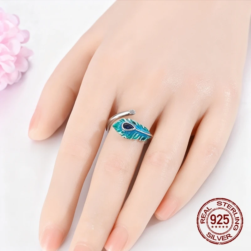 Original 925 Sterling Silver Blue Green Glazed Feathers Open Rings for Women Girls Jewelry Birthday Anniversary Gifts