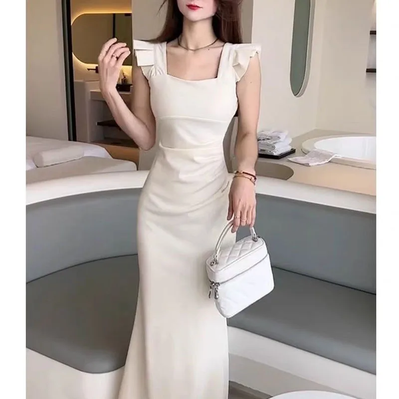 French A Socialite Square Neck Solid Color Dress Women Summer Banquet Fishtail Skirt Slim Flying Sleeve Pleated Hip Long Skirt