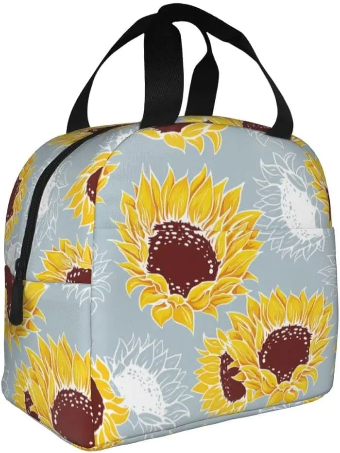 Fiambrera de girasol amarilla reutilizable, bolsa de almuerzo aislada Floral con bolsillo frontal portátil, 8,5x5x8 pulgadas