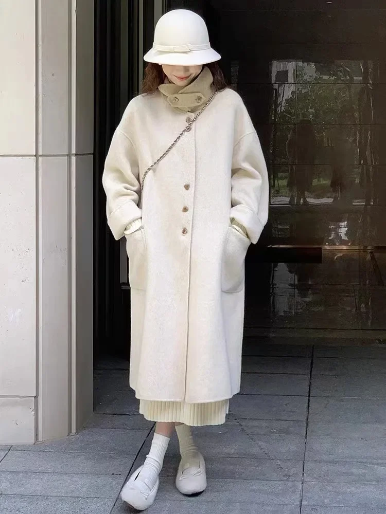 

2023 autumn and winter new Korean version color matching stand-up collar wool coat women's medium and long woolen coat fashion