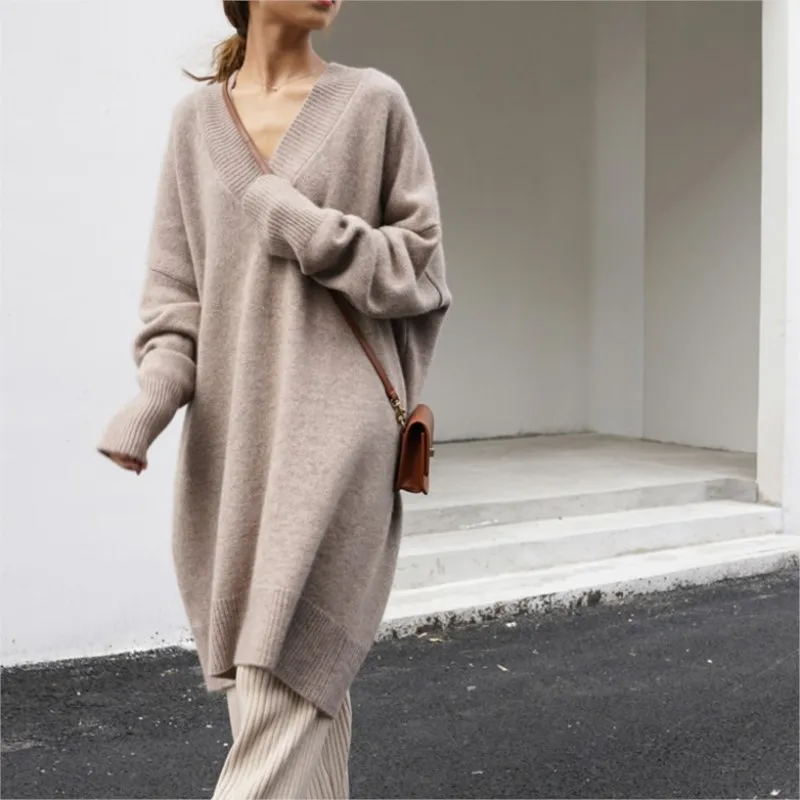 Warm Large Style Mid to Long High-end Sweater Jacket for Women's Outdoor Lazy Commuting Style Knitted Sweater in Autumn/Winter