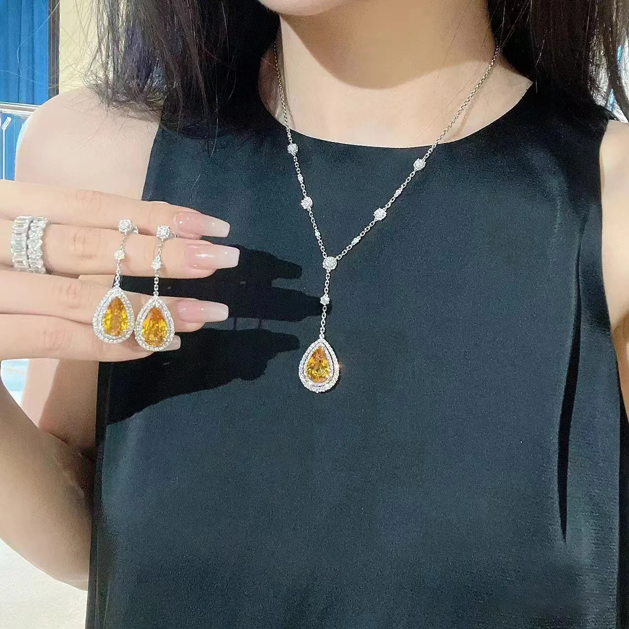 Fashion luxury Yellow gems Droplet Jewelry Sets Shining Exquisite Fashion Long Necklace gown dinner 925 silver Ring Earrings