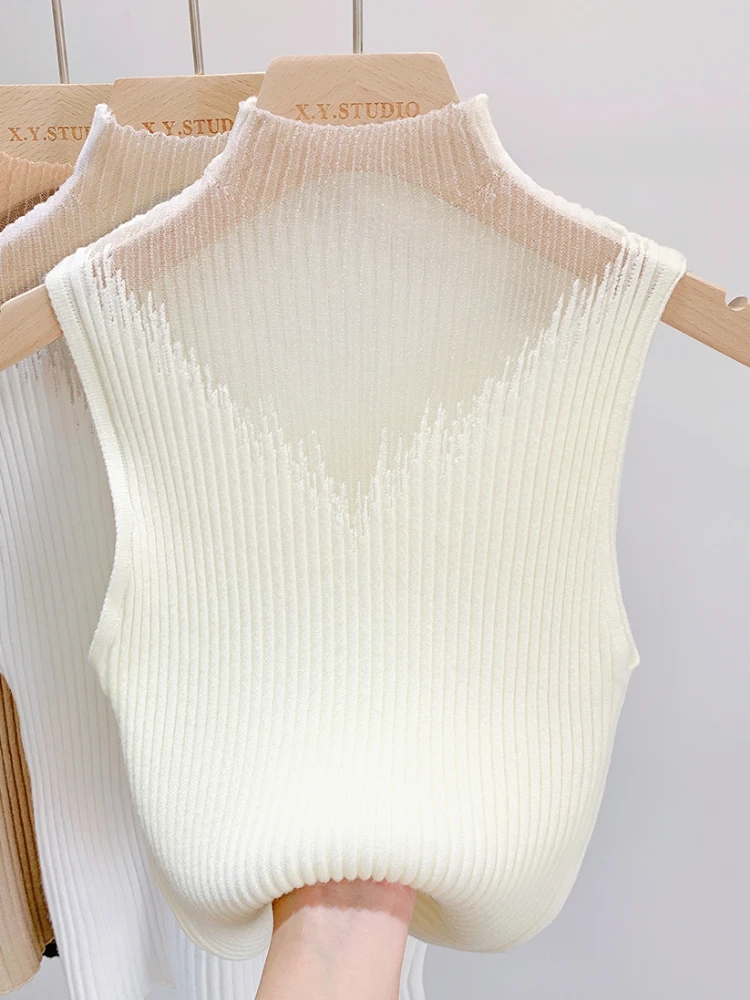 Perspective Mesh Stand Collar Sleeveless Women\'s T-shirt Ice Silk Cool Knitted Vest Inner Bottoming Shirt Lace Top Y2k Tops Tees