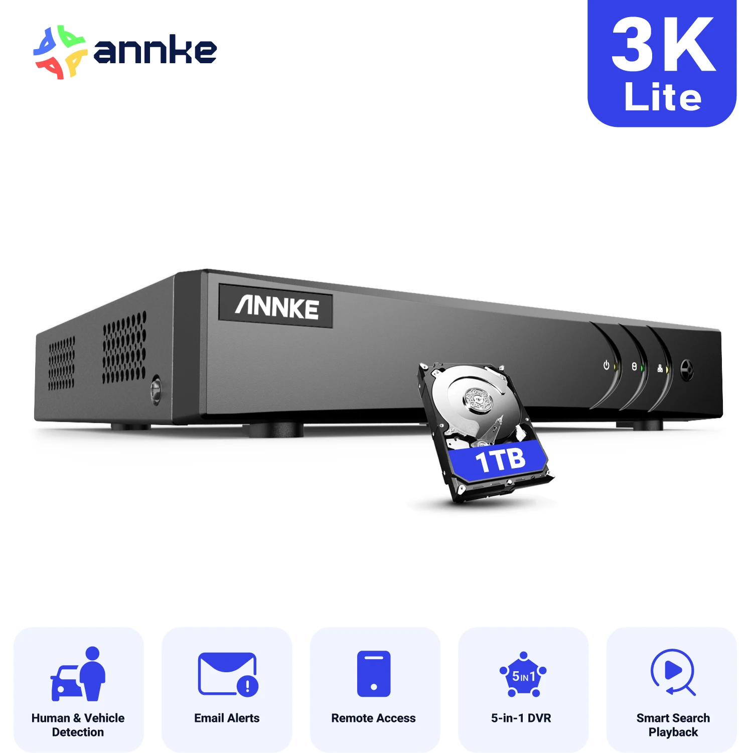 ANNKE 3K 5MP 8 Ch 5 en 1 CCTV Grabador de vídeo digital Detección de vehículos humanos H.265+ Admite hasta 8 cámaras BNC