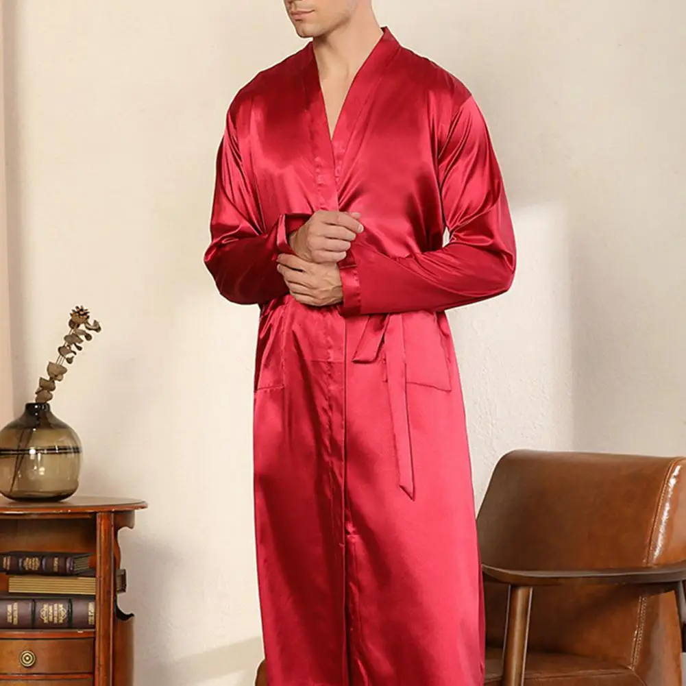 Men Bathrobe Long Nightgown Soft Silk Dressing Gown Bathrobe Lace Up Waist Belted Side Pockets Bathrobe Homewear Bath Robe