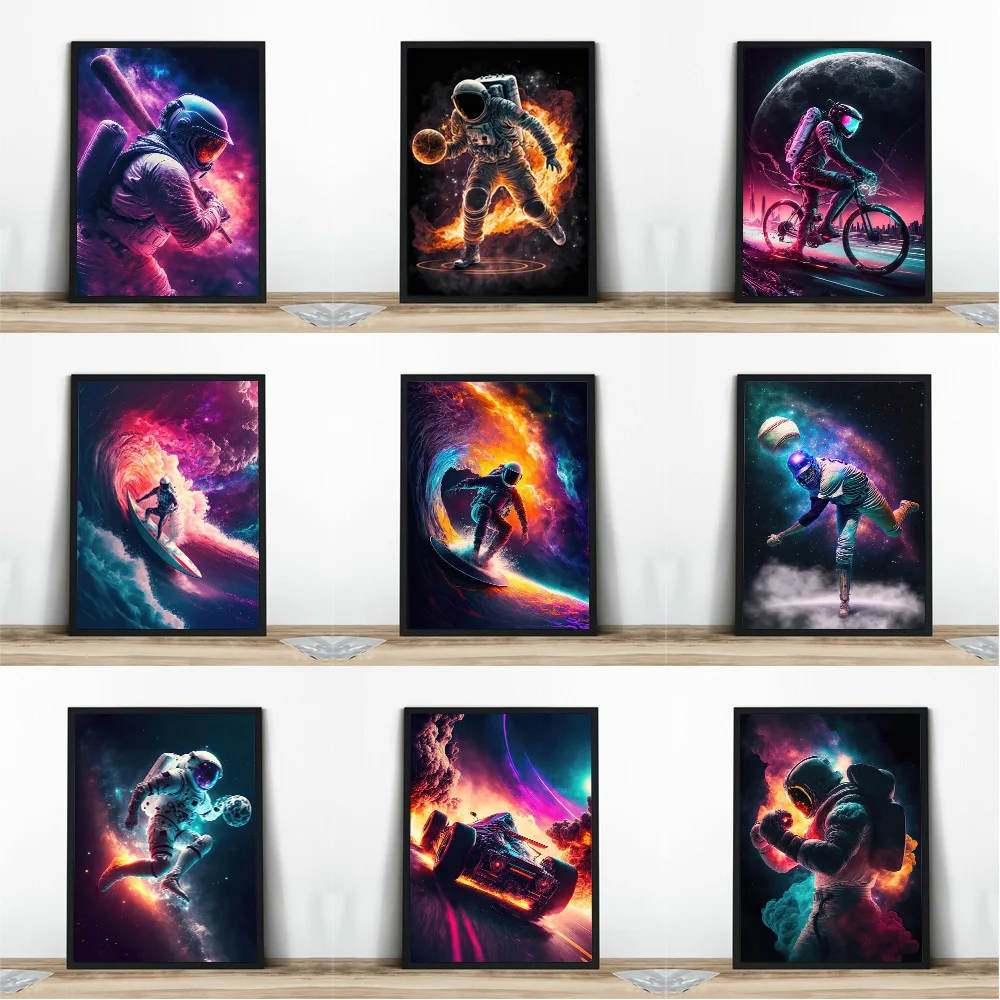 

Funny Astronaut Surfer On Universe Art Posters Colorful Mist Canvas Prints Space Sports Wall Decor Painting For Living Room