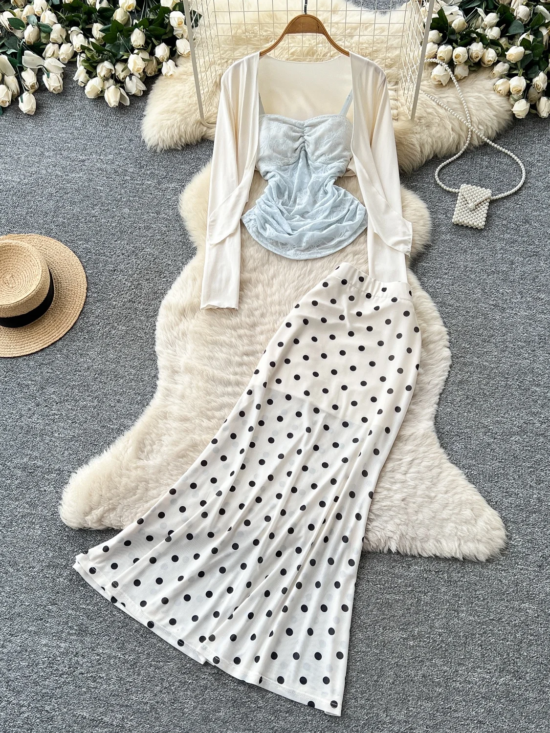 Women's Lace Camisole Tank Top Mesh Cover up Polka Dot Slim Fit  Skirt Set Fashionable Three Piece Ensemble for Office An...
