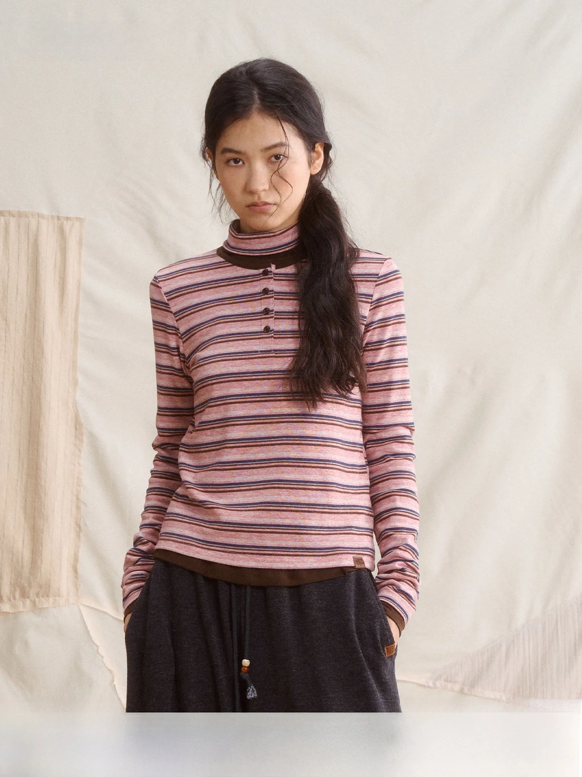 Saotome Rcelle Long Sleeve Striped Color Block Two Piece Set T-Shirt Women's Casual Style High Collar Regular Length Polyeste...