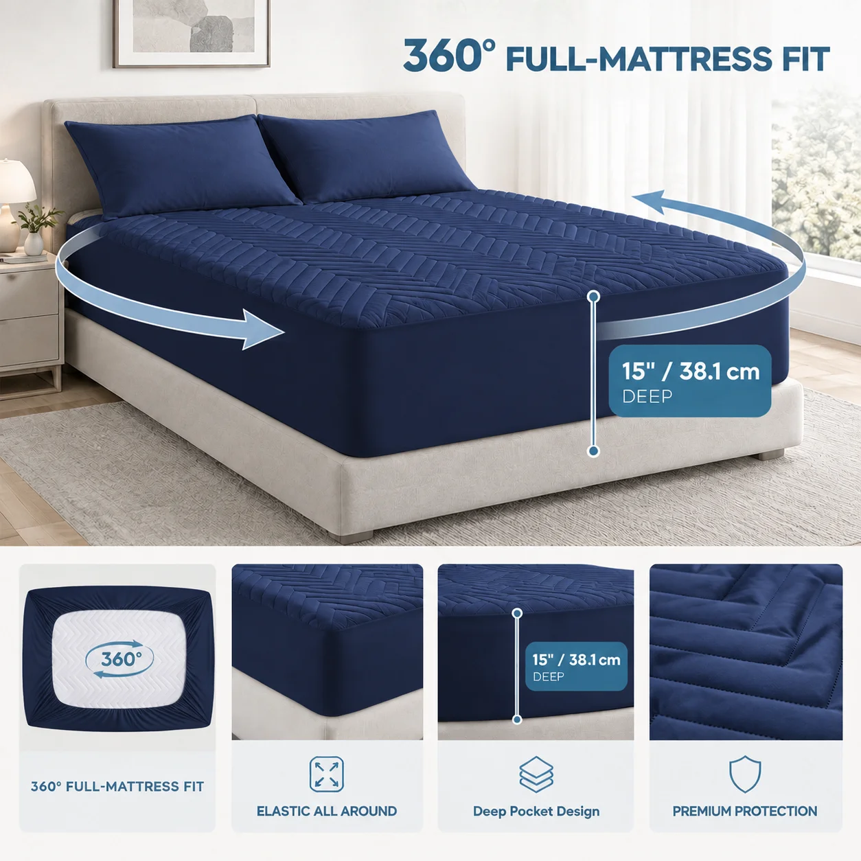 Waterproof Fitted Mattress Protector - Quilted Mattress Cover with 15