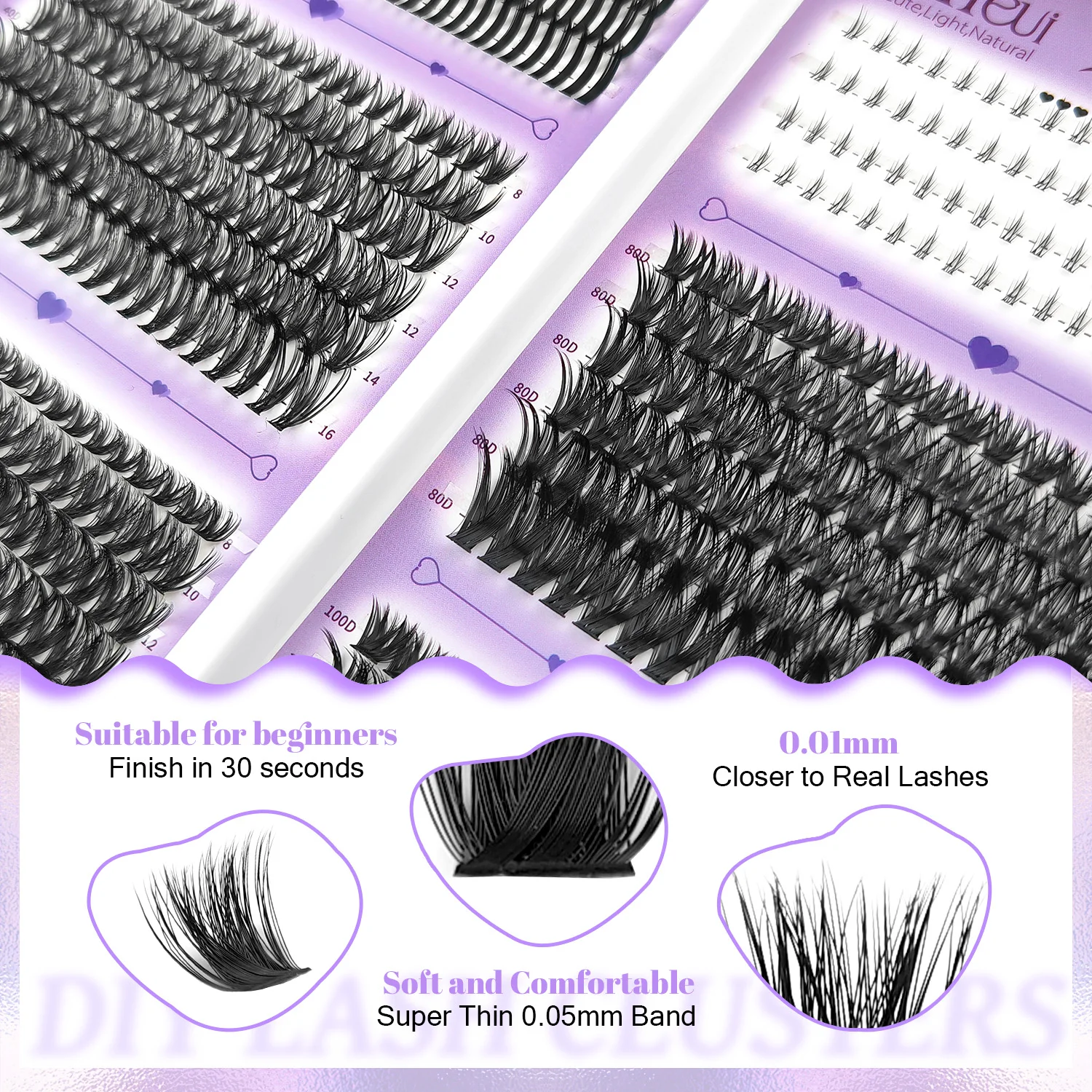 **652PCS DIY Lash Cluster Kit D Curl 8-16mm Mixed Length 40D 60D 80D 100D Bottom Lashes Bond Seal Tweezers Fluffy Eyelash Extens