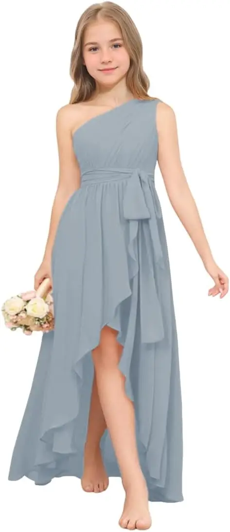 

Chiffon Junior Bridesmaid Dress for Girls One Shoulder Flower Girl Dress Sleeveless for Wedding Party Pageant