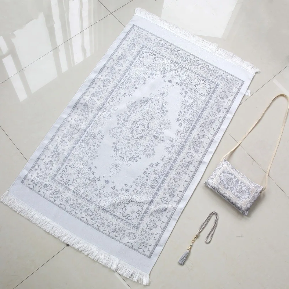 New Foldable Prayer Rug Non-slip Soft Islamic Prayer Mat with Prayer Beads and Storage Bag Washable Ramadan Carpet