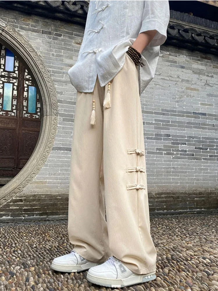 

New Chinese Sle Men's Ice Silk Casual Pants Summer Straight Leg Loose Fit Drapey Wide Leg Pants Faionable Youth Leisure