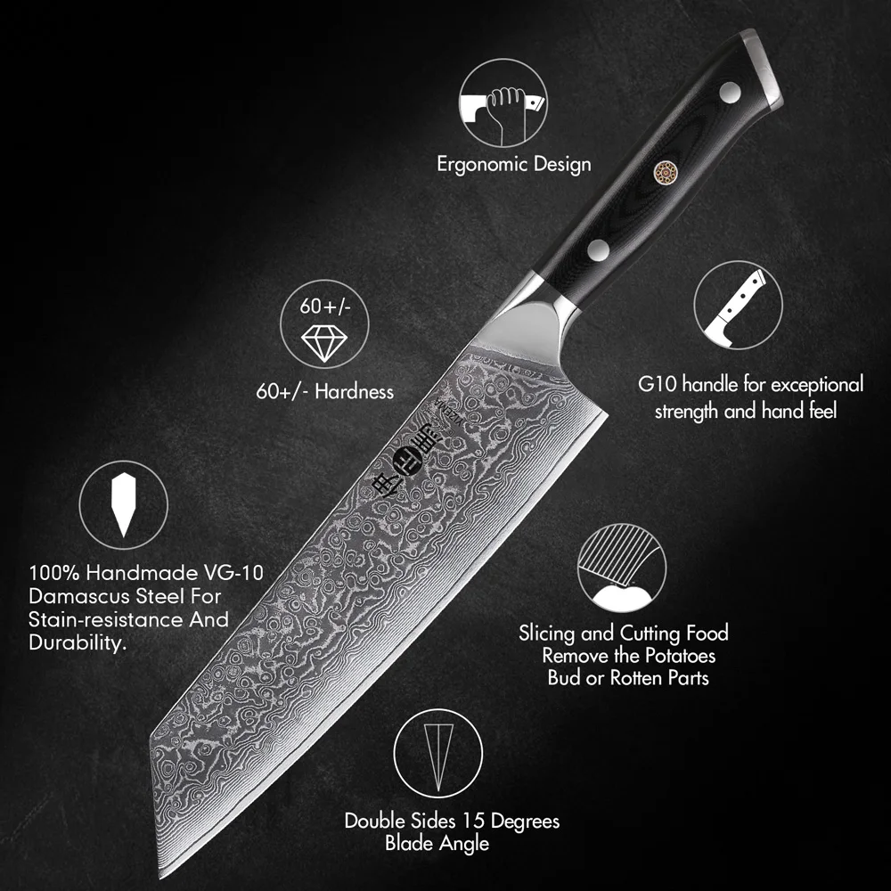 YIZEMA 8.5-inch Japanese Kiritsuke Knife Damascus Steel VG10 Sharp Meat Vegetable Professional Kitchen Chef Knives Cooking Tools