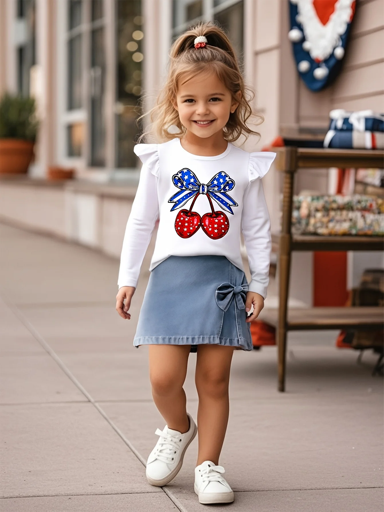 Girls' set cherry bow print sweet round neck long sleeved top paired with denim skirt casual and simple