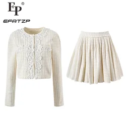 Off-white Knitted 2 PCS Set Women's Elegant Long Sleeve Lace Lace Fashion Knitting Top+  Mini Skirt Suit