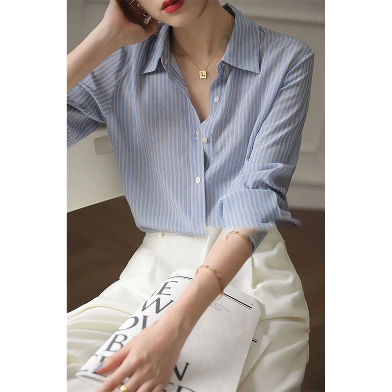 Women Striped Shirts Fashion Korean Long Sleeve Basic Chiffon Blouses Summer Office Ladies Elegant Loose All Match Chic Tops New