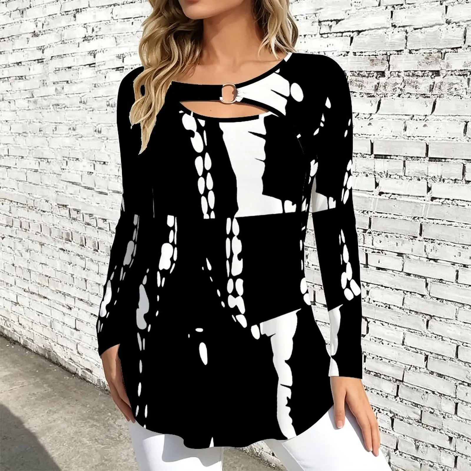 Women Long Sleeve Tunic Top Print O Ring Cutout Neck Loose A Line Hem Casual Ladies Blouse