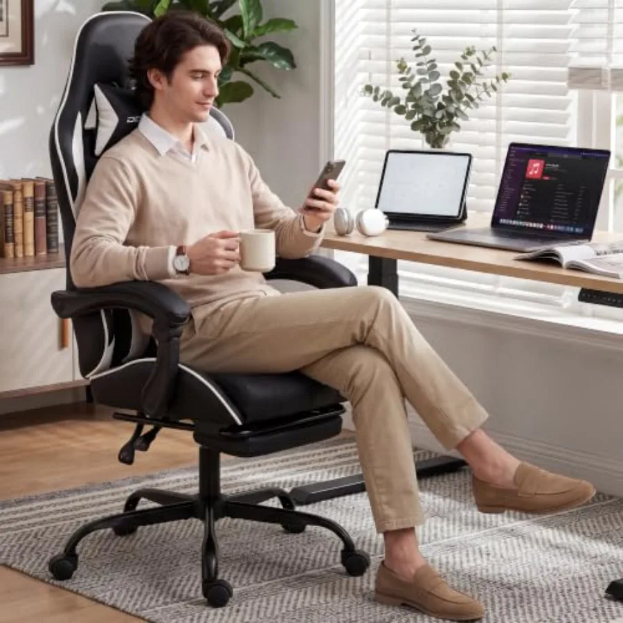 Gaming Chair with Footrest, Ergonomic Office Chair for Home Office Use, PU Leather, Black, Lumbar Support and Adjustable Height