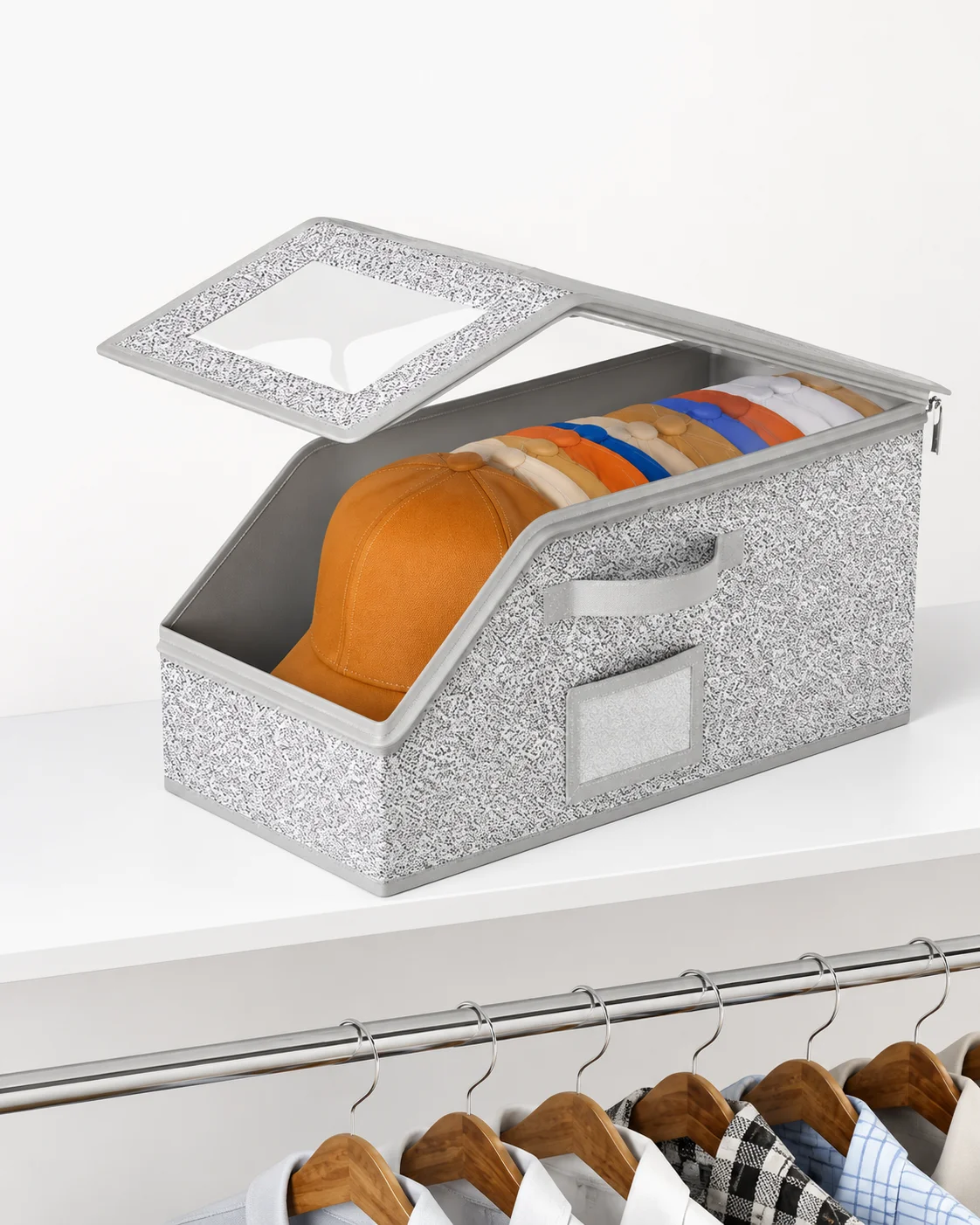 Stackable and foldable hard cap storage box - a space saving wardrobe organizer, multifunctional baseball cap storage box, trans