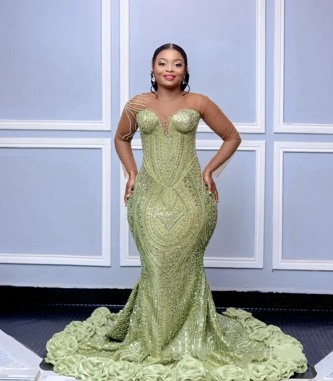 فاخر حورية البحر الدانتيل حبة التطريز حزب مساء اللباس مثير الخامس الرقبة مناسبة رسمية الاستقبال الثاني الكرة اللباس مخصص #2