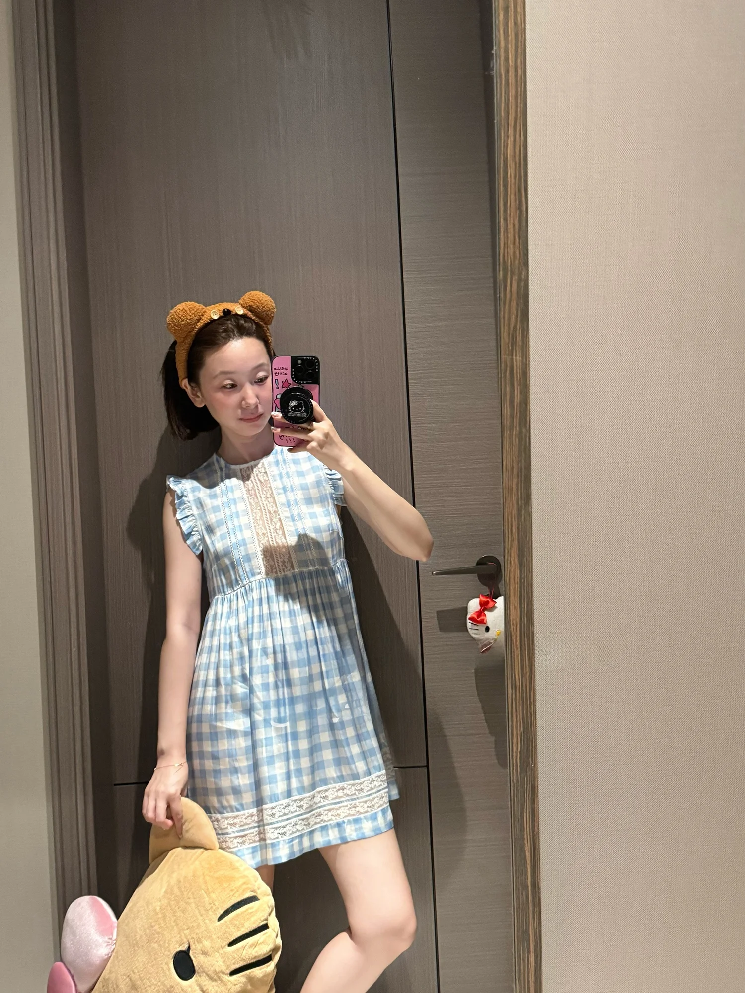 

Nightgown Dr Blue Plaid Lace Patchwork Women's Casual Sle Fly Sve Fairy Skirt Ci Commute Single Piece