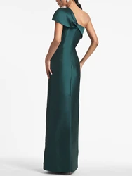 Green Satin One-Shoulder Evening Gowns With Bow & Crystal Elegant Backless Sleeveless Back Slit Bridesmaid Dress Party Dresses