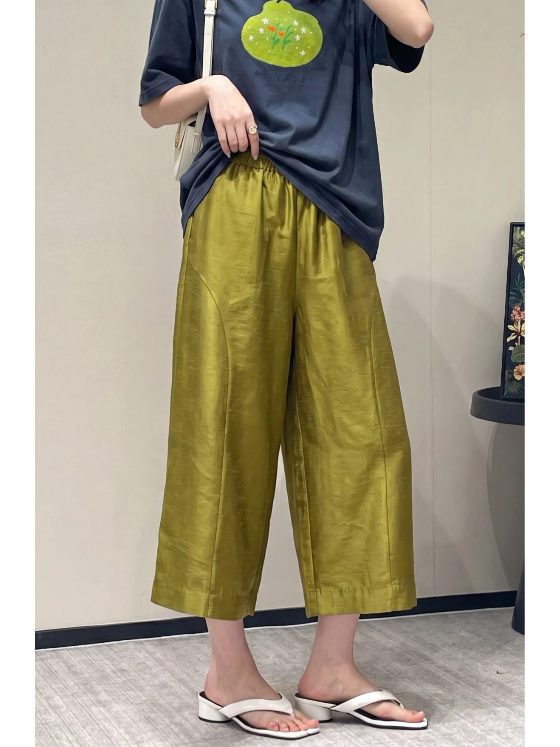 Multi-Color Pearl Satin Wide Leg Pants High Waist Elastic Slimming Drapey Seven-Quarter Length Casual Trousers for Women