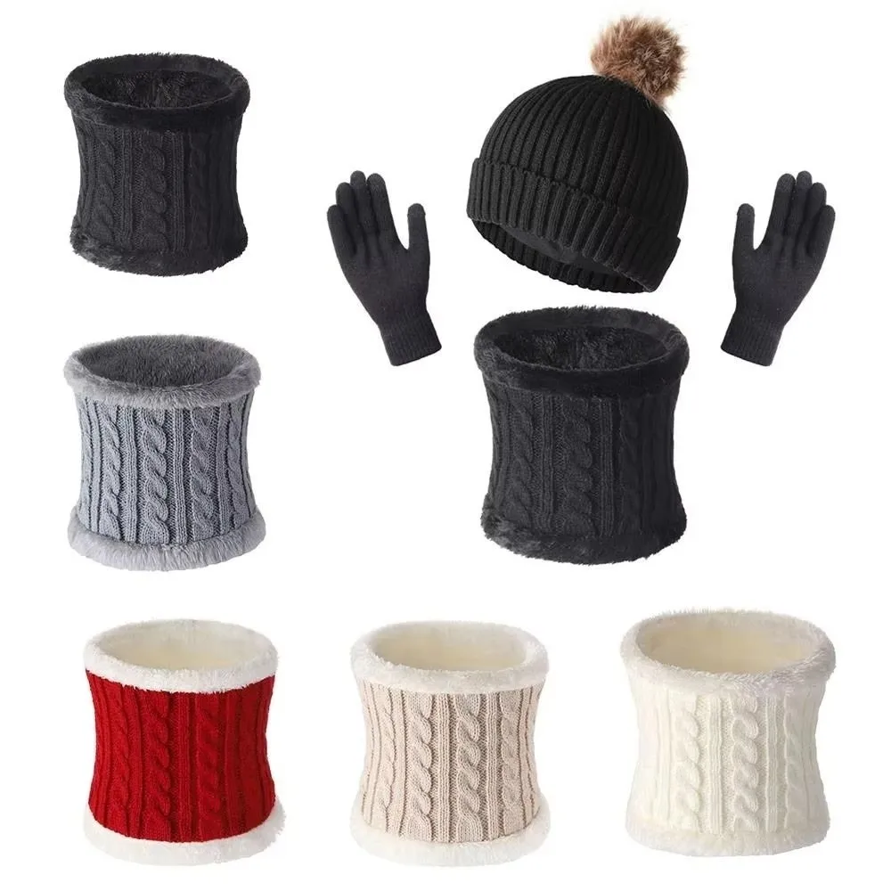 Thickened Hat Scarf Gloves Set Beanie Hat Thermal Pompom Beanies Hat Solid Color Neck Protection Winter Knitted Gloves Set
