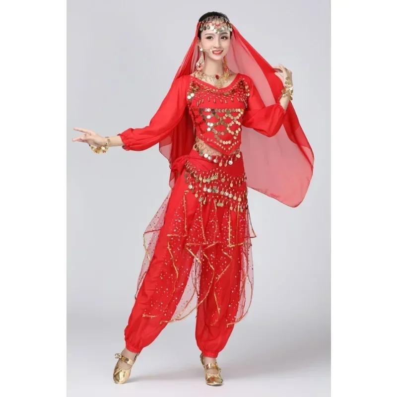 Adult Shiny Belly Dance Outfit Women Sequin Top+Pants Costume Set Lady Oriental Indian Dance Arabian Princess Clothes Outfit Set