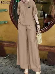 2024 ZANZEA Summer Suit Women Floral Embroidery Blouses Pant Sets Vintage OL Work Wide Leg Trousers Suits Fashion 2pcs Tracksuit