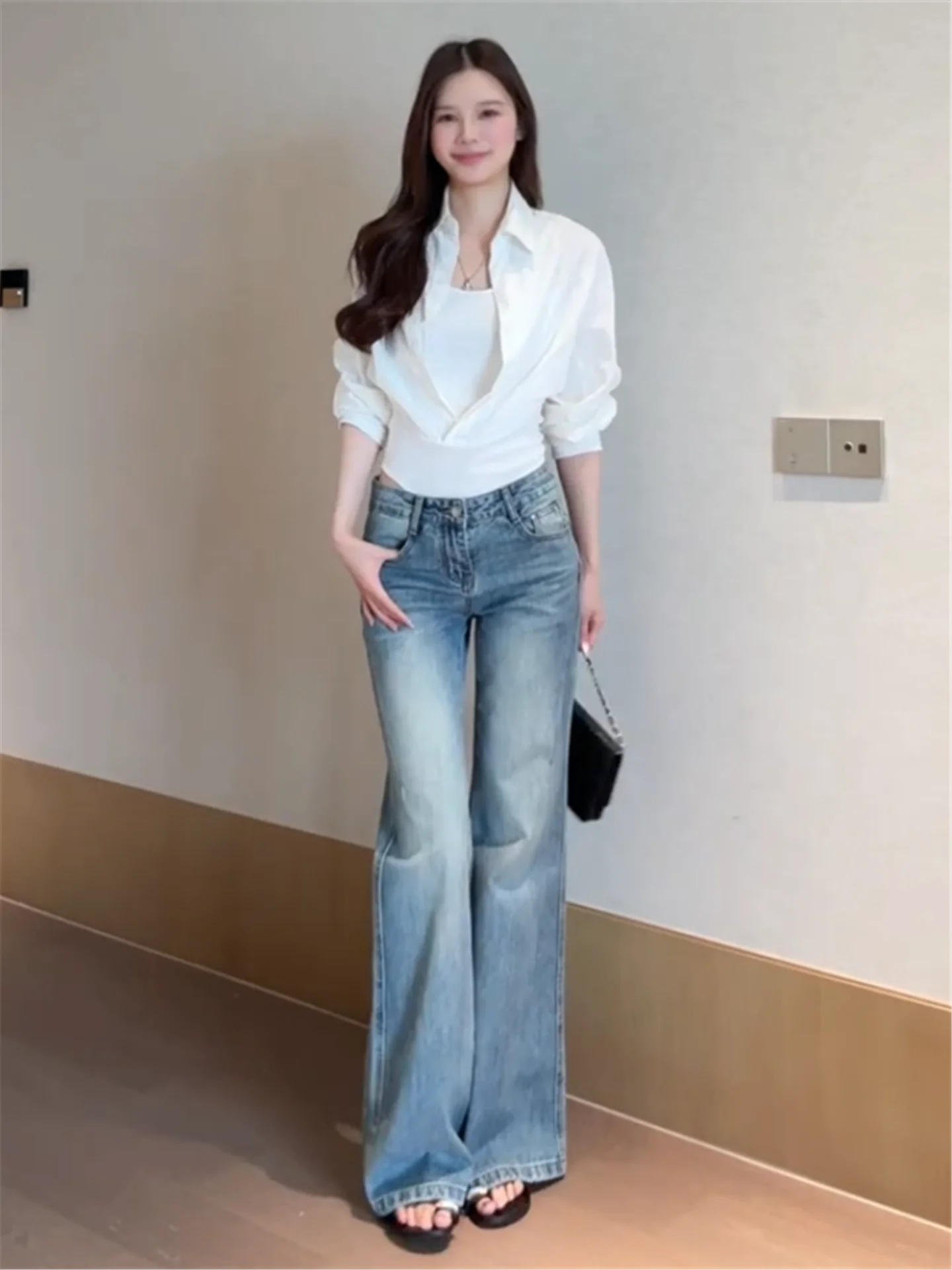 

American Retro Patchwork mid Low Waist Flared Jeans Women's Spring Summer Loose Slimming Hip Design Long Pants