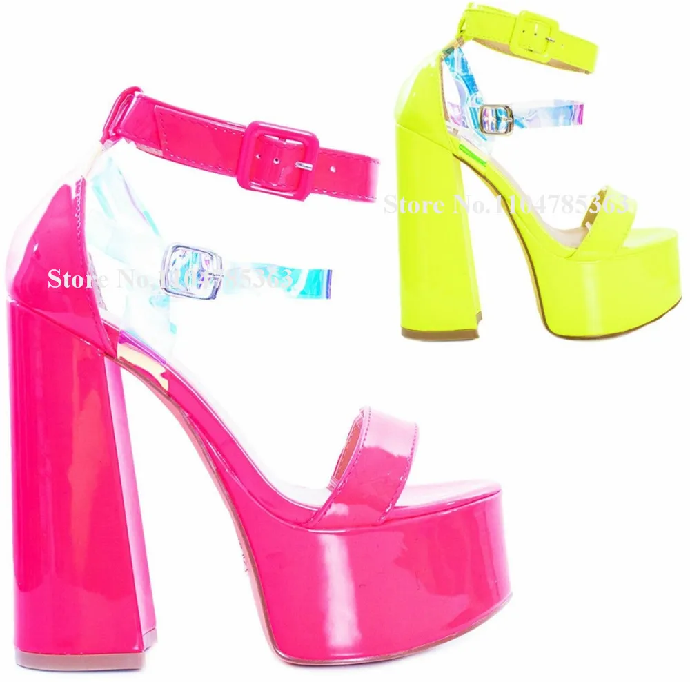 Sandalias de tacón grueso de charol rosa y amarillo brillante, punta abierta, correas de PVC, plataforma alta de retales, tacones de fiesta de tacón grueso