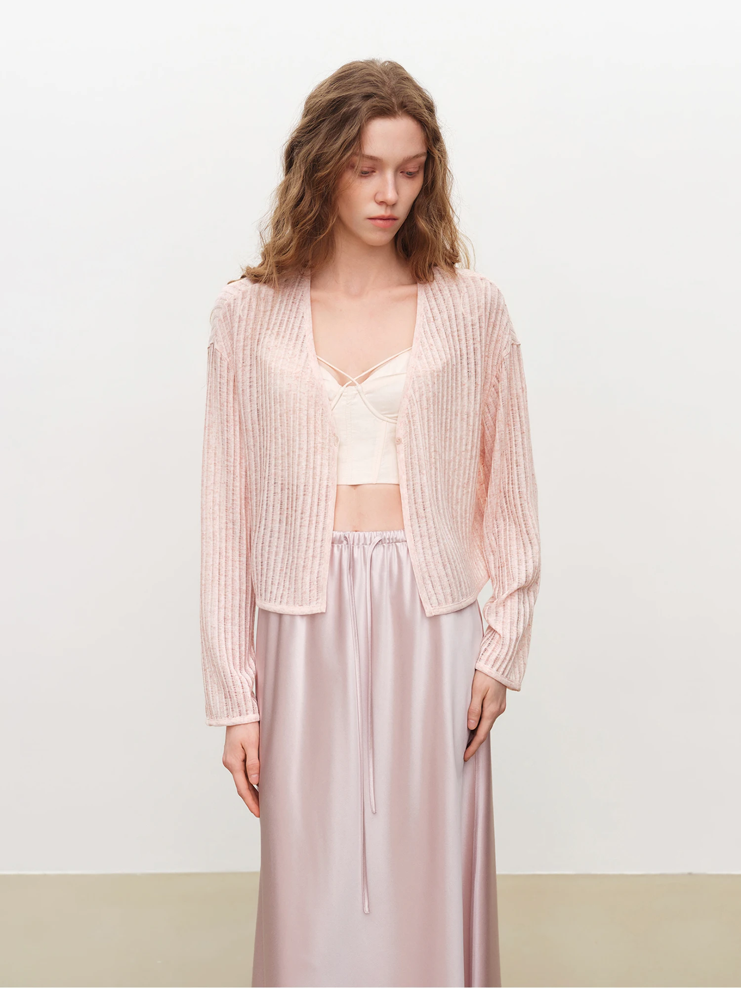 ZIQIAO 2026 Summer Women's Airy Cut-Out V-Neck Cropped Cardigan, Openwork Knit Long Sleeve Jacket for Daily Coquette Style