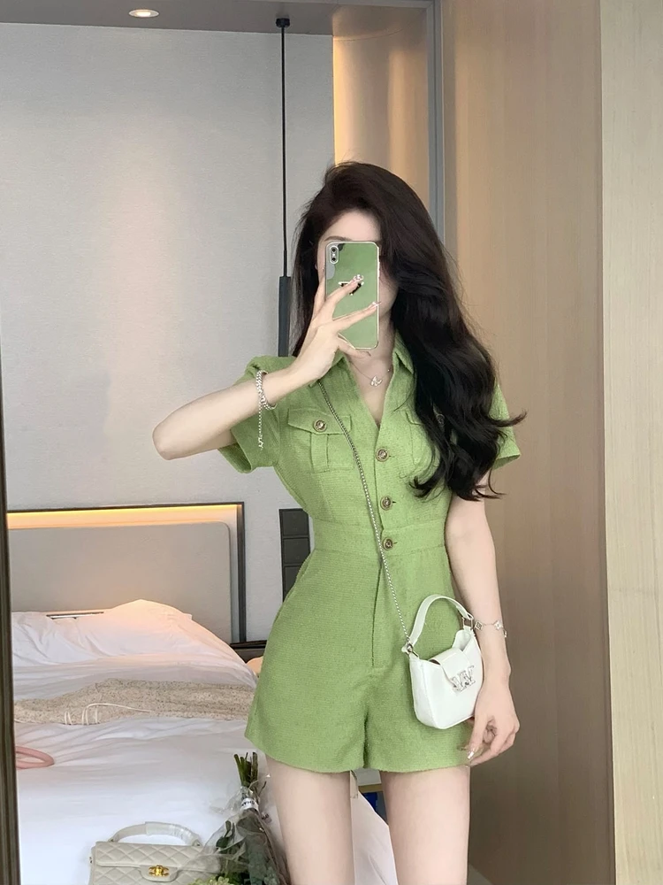 

Casual Buttons Holiday Jumpsuit Women Sleeveless Playsuit Streetwear Polo Neck Overall 2024 Summer Elegant Solid Romper T164