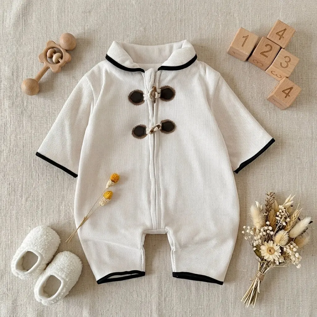 Unisex Baby Ribbed Romper, Zip Front Jumpsuit with Frog Buttons, White Contrast Trim Long Sleeve Infant Autumn Daily Crawl Outfi